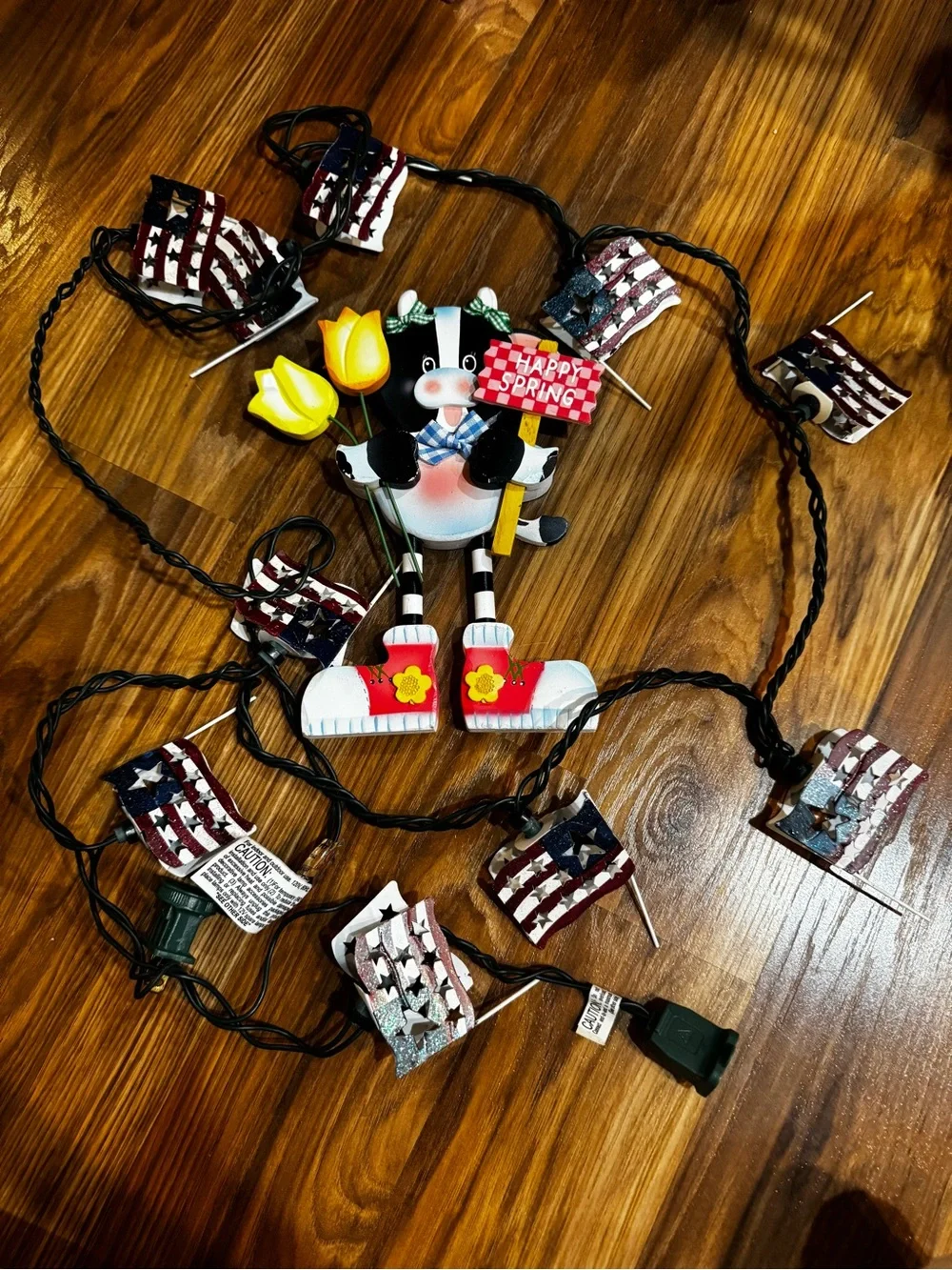 Whimsical Cow 'Happy Spring' and USA 4th of July String Lights - Multicolor